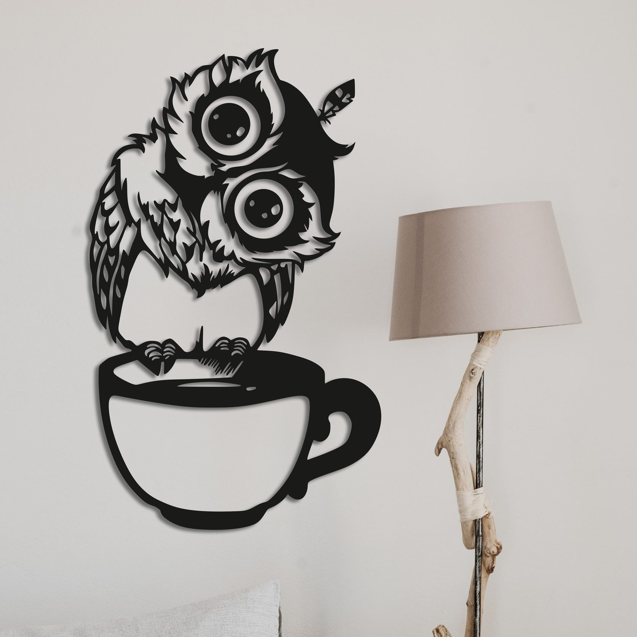 Об'ємна картина з дерева DecArt Сова з чашкою 50х30 см