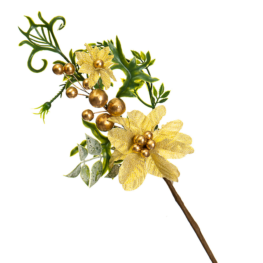 Гілка для новорічного декору "Жовта квітка із золотими намистинами" (36х15 см)