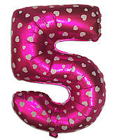 Фольгированная цифра 5 розовая с сердечками, 35 см