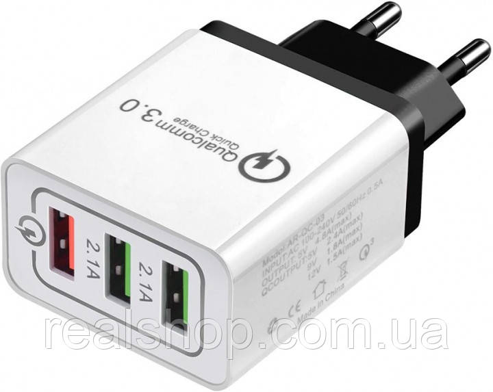 Мережевий зарядний пристрій Rock 2.1 A на 3 USB +QC3.0