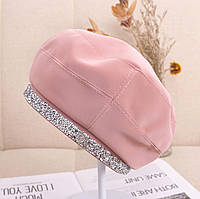 Жіночий бере з екошкіри в стилі Maison Michel зі стразами рожевий (пудра)