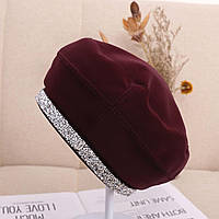 Жіночий бере з екошкіри в стилі Maison Michel зі стразами бордовий