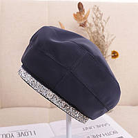 Жіночий берет з екошкіри в стилі Maison Michel зі стразами синій