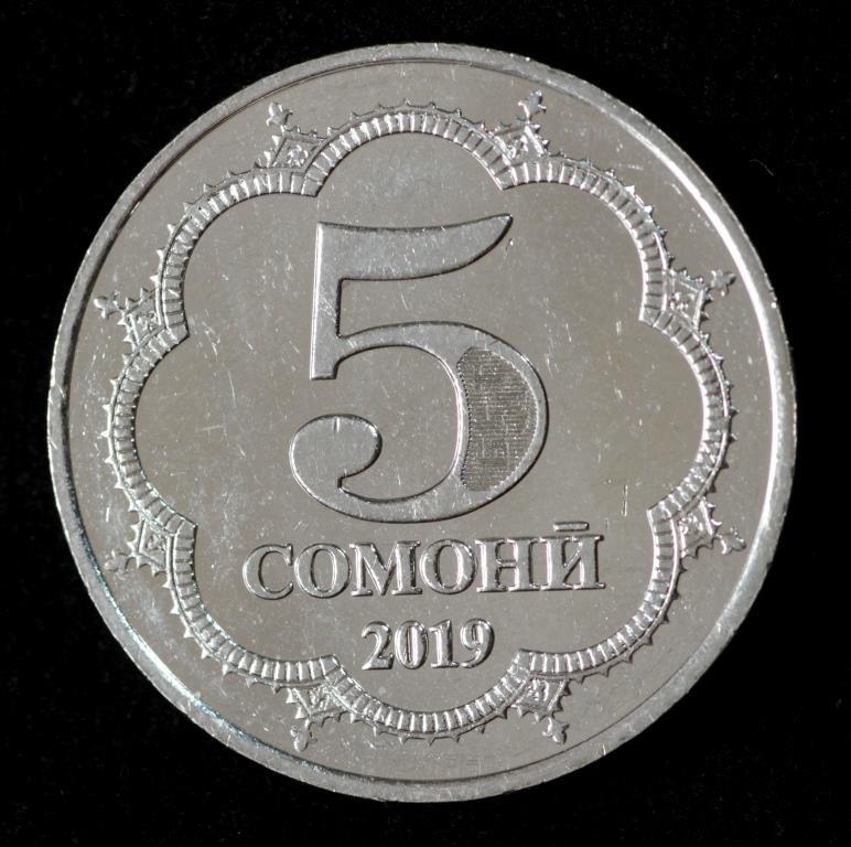 Монета Таджикістану 5 сомоні 2019 р. Садриддин Айні, фото 1