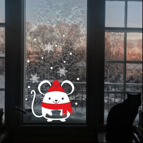 Новогодняя наклейка Мышонок и снежинки (декор новый год пленка на окна стекло) 300х285 мм матовая - фото 3 - id-p1072277362