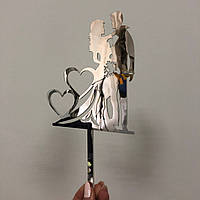 Топпер фигурка на свадебный торт зеркальный двусторонний Manific Decor "Свадебная пара сердца" Срібний