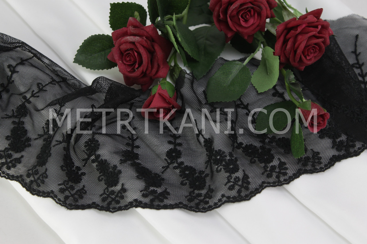 Мереживо з квіточками на дрібній сіточці чорного кольору, ширина 12 см. No198-332, фото 1