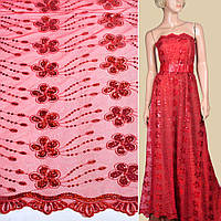 Сітка червона з вишитими квітами і червоними паєтками, ш.130