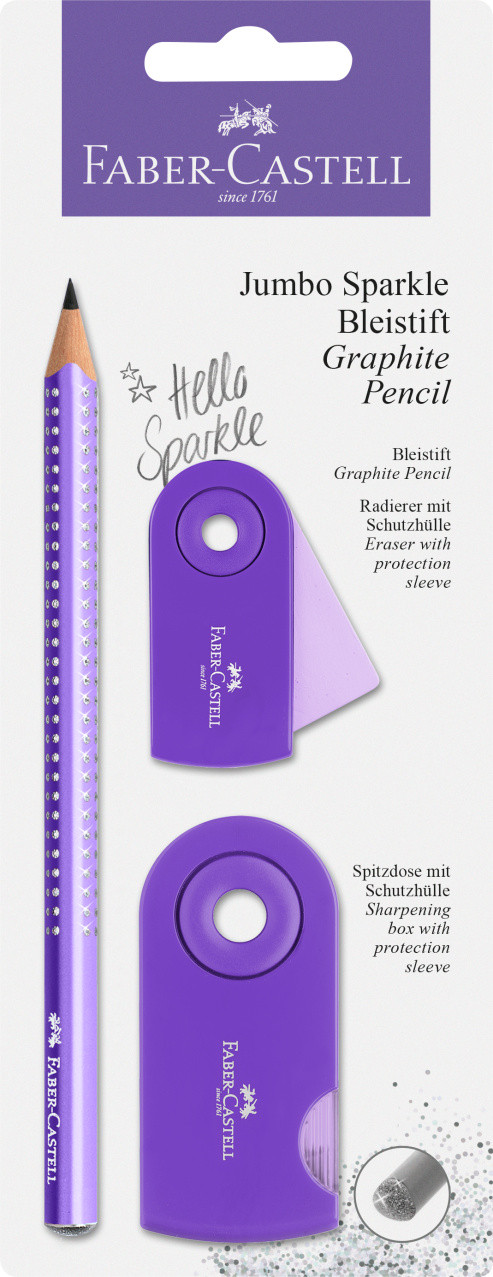 Набір Faber-Castell 1 потовщений чорнографітний олівець Jumbo Grip Sparkle + точила та гумка Sleeve, 111675