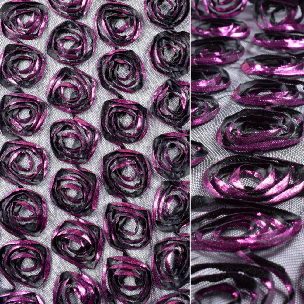 Сітка стрейч чорна з малиновими квітами, ш.140