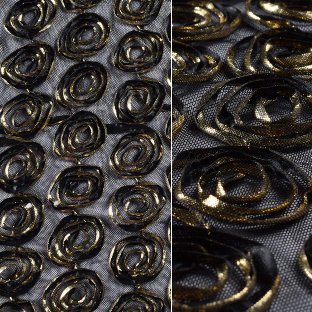 Сітка стрейч чорна із золотими квітами, ш.140