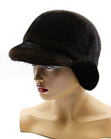 Норковая меховая женская шапка "Лобик короткое ухо с козырьком" коричневая.