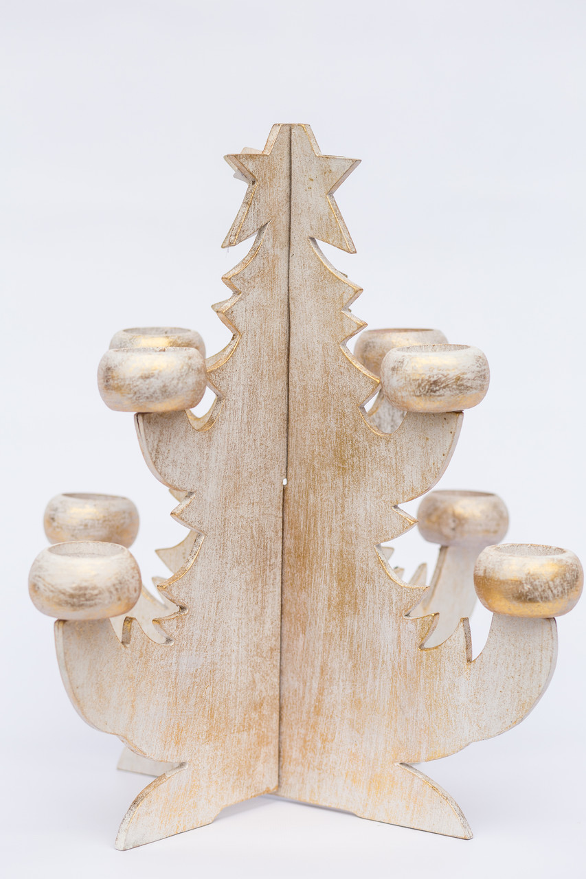 Підсвічник дерев'яний "Ялинка", білий + золото, висота 40 см