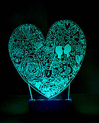 3d-світильник Серце LOVE, 3д-нічник, кілька підсвічувань (батарейка+220В)