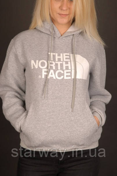 Худі the north face біле лого | жіноча сіра толстовка