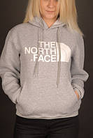 Худи the north face белое лого | женская серая толстовка