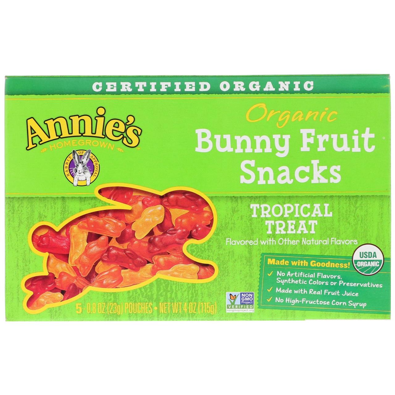 Снеки в виде кроликов, вкус тропик, Bunny Fruit, Annie's Homegrown, 5 пакетов по 23 г