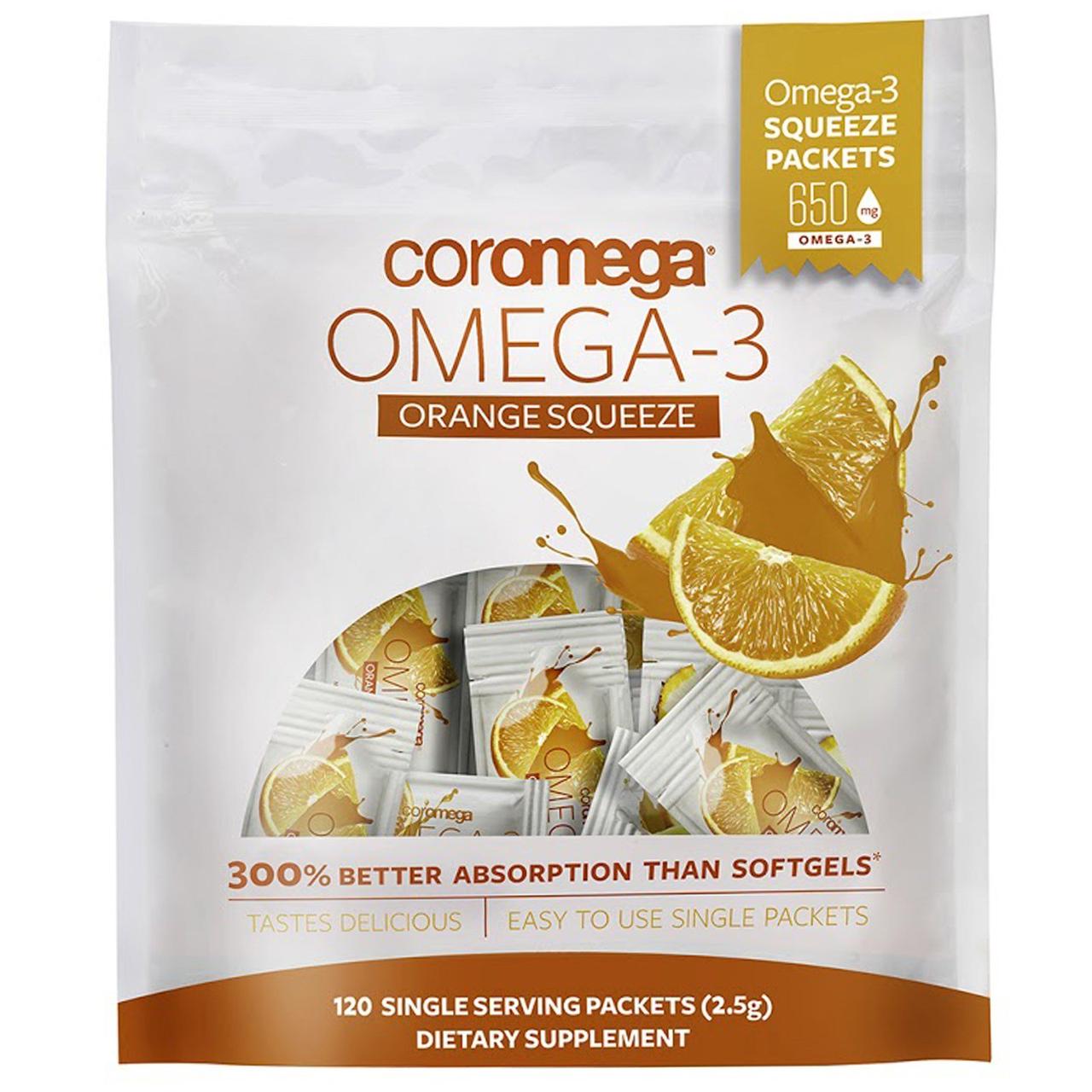 Coromega, Омега-3 Squeeze, зі смаком апельсина, 120 выжимающихся пакетиків по 2.5 м