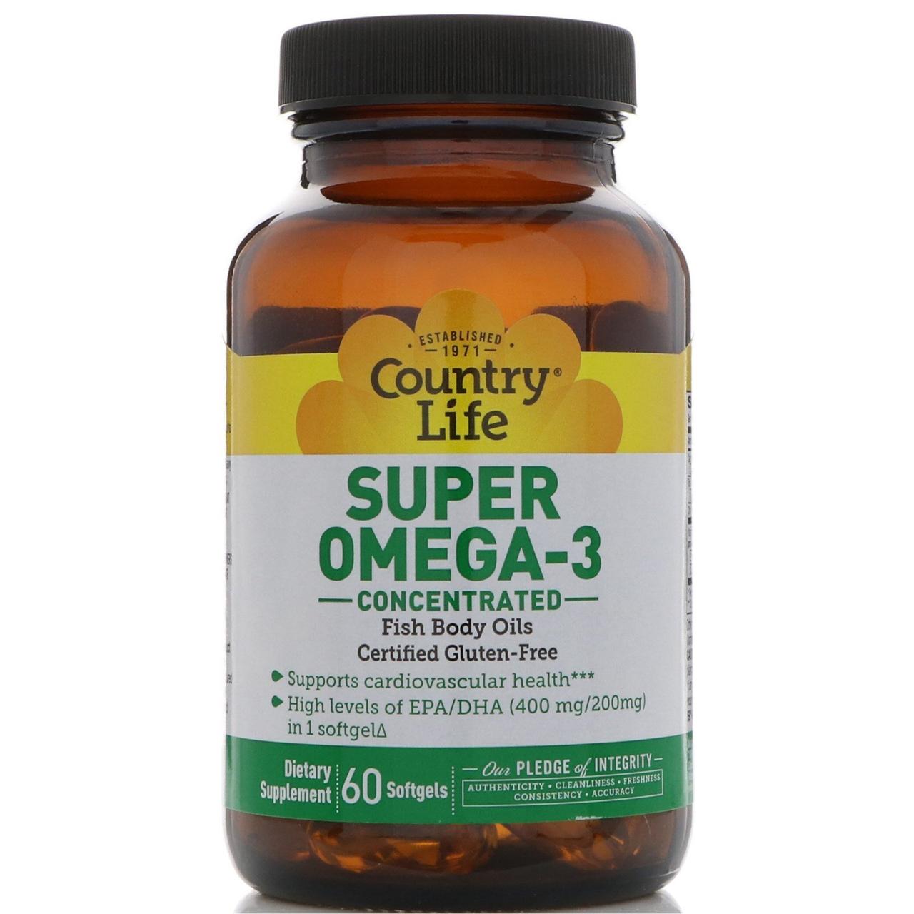 Омега-3 (концентрат), Super Omega-3, Country Life, 60 кап.