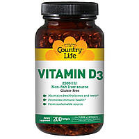 Вітамін Д3, Vitamin D3, Country Life, 2500 МО, 200 кап.