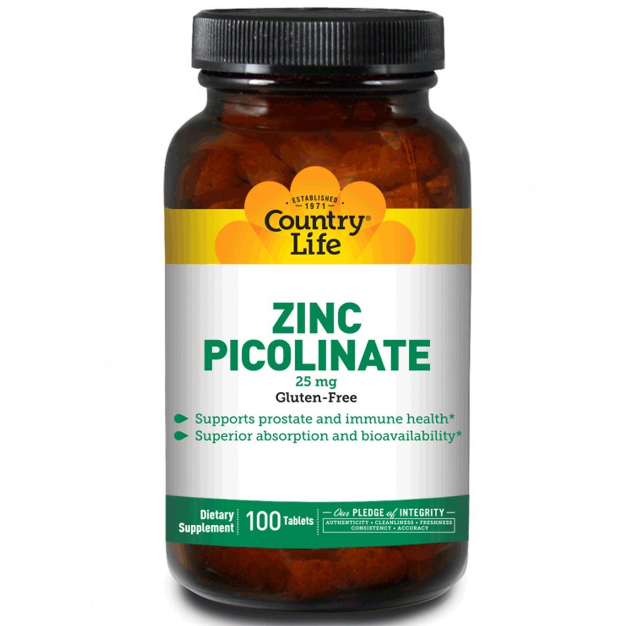 Цинк picolinate, Zinc Picolinate, Country Life, 25 мг, 100 таблеток