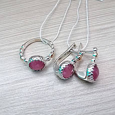Набір срібних прикрас - каблучка та сережки з рожевим улекситом, фото 3