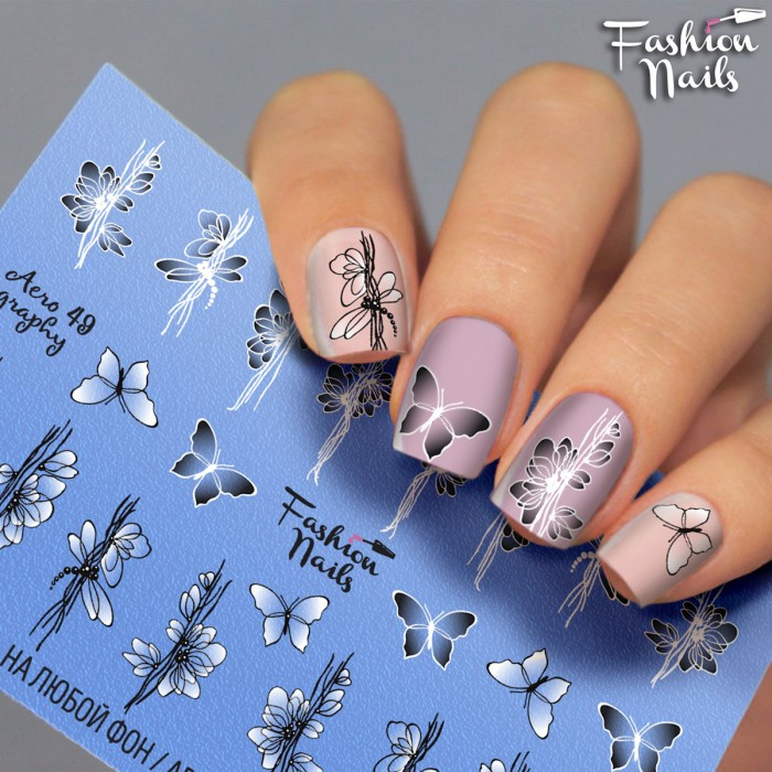 Слайдер-дизайн КВІТИ Fashion nails - водна наклейка для нігтів - квіти, метелики арт.Aero49