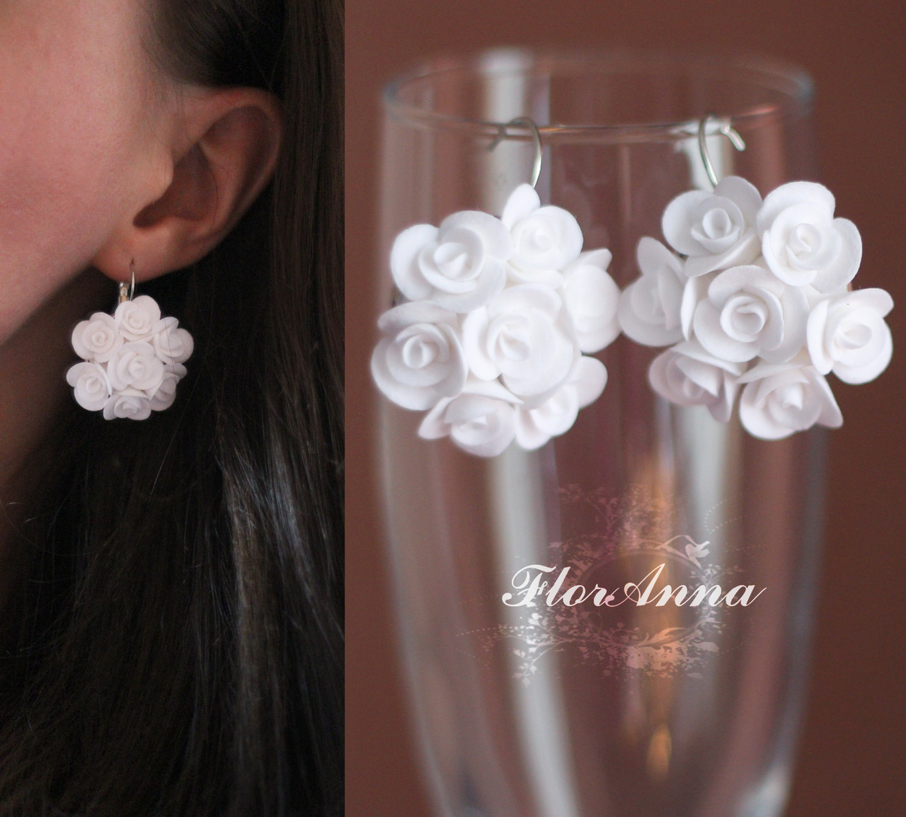 Білі сережки з квітами "Білі трояндочки"