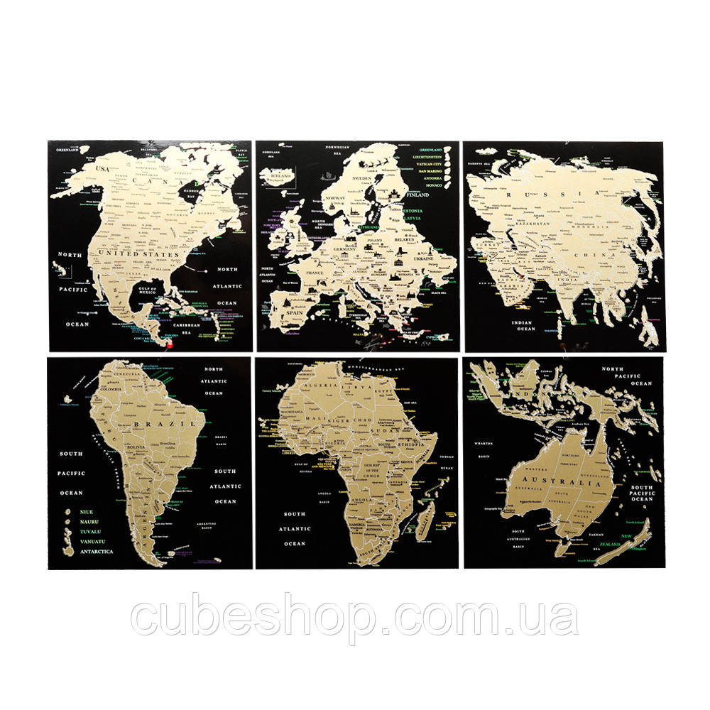 Набір скретч листівок з континентами «Map of the World» у подарунковому конверті