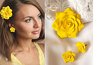 Жовтий набір прикрас ручної роботи "Жовті трояндочки" шпилька/брош +сережки
