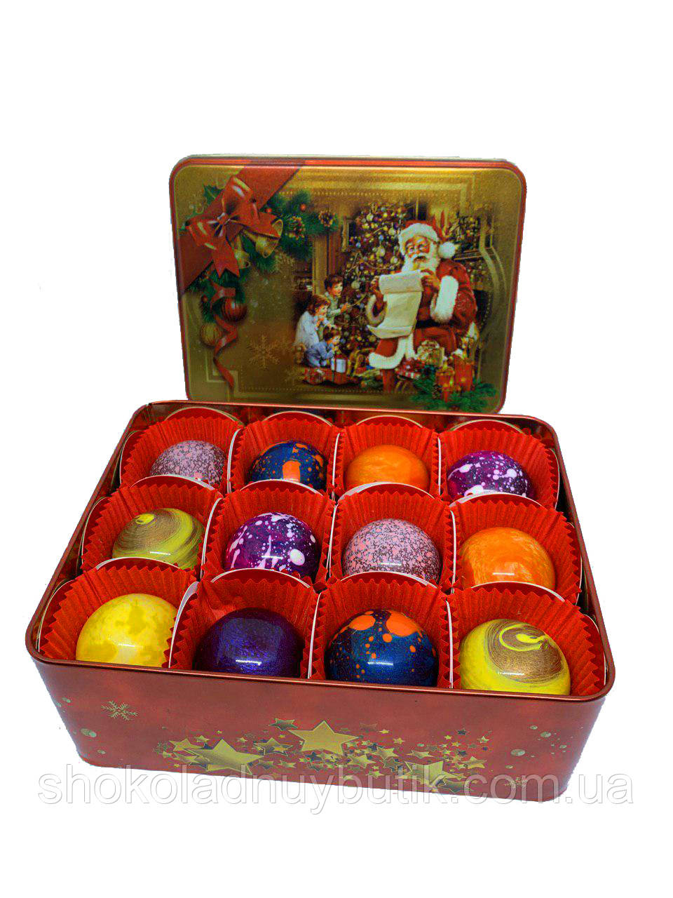 Шоколадні цукерки ручної роботи *Новорічна металева коробочка на 12 цукерок.*