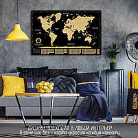 Велика Скретч Карта Світу Подорожей Чорна з Золотом Карта Світу в Тубусі з Аксесуарами на Стіну Divalis, фото 5