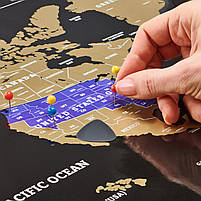 Велика Скретч Карта Світу Подорожей Чорна з Золотом Карта Світу в Тубусі з Аксесуарами на Стіну Divalis, фото 9