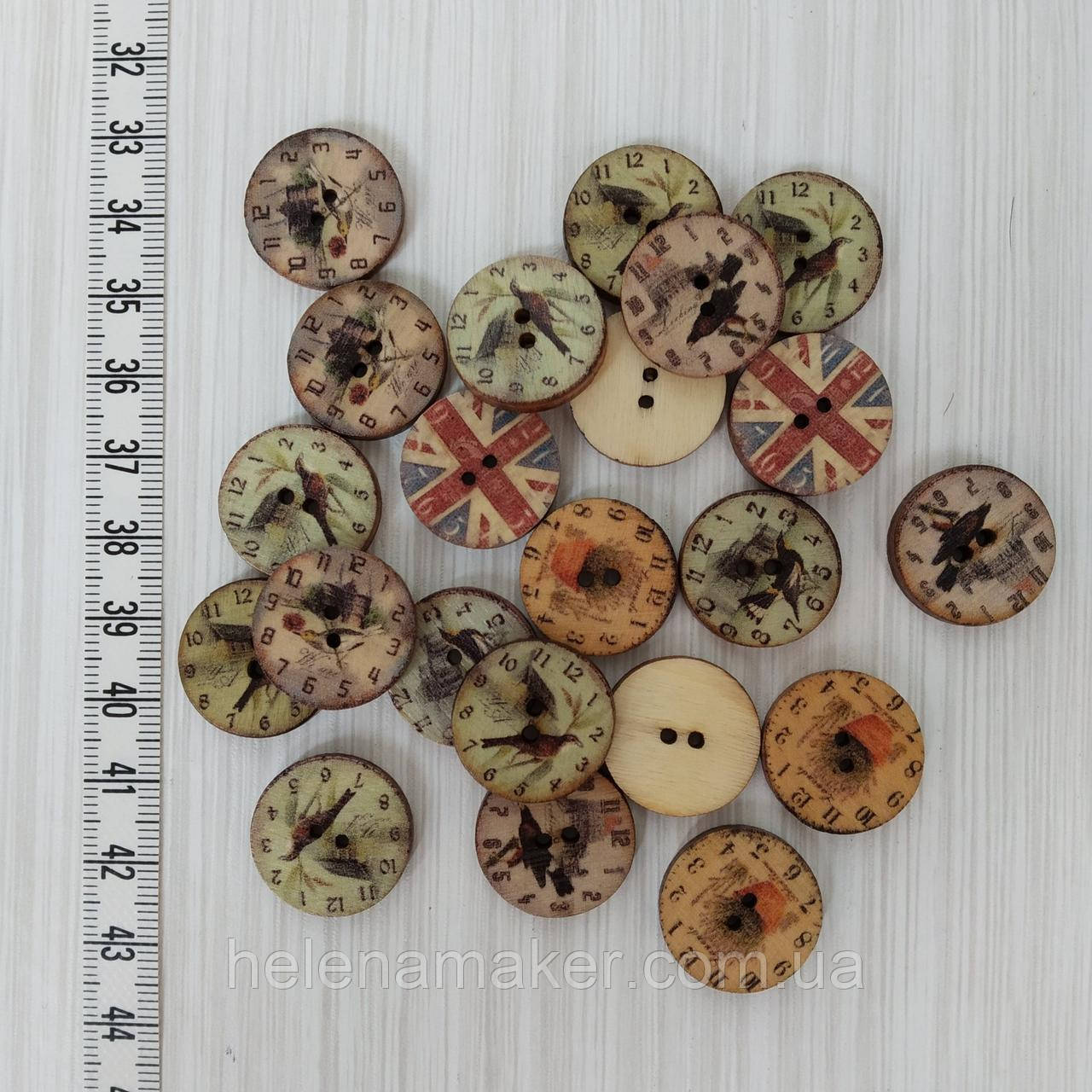 Ґудзик дерев'яний круглий Вінтажний годинник 20 мм