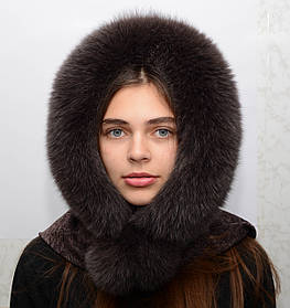 Жіночий капюшон з хутра песця та ангори "Єлизавета" Шоколад