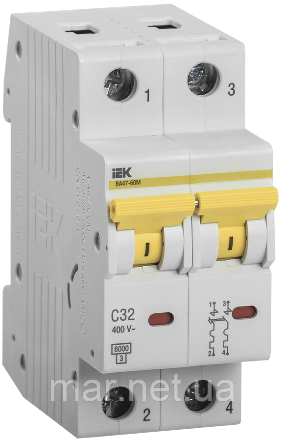 Вимикач автоматичний ВА47-60 2Р 32А 6кА З IEK, фото 1