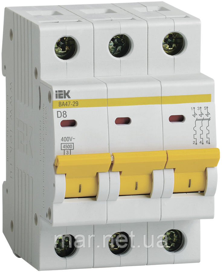 Вимикач автоматичний ВА47-29 3Р 8А 4,5 кА D, IEK, фото 1