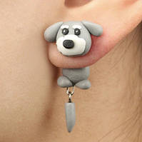 Сережки дитячі сірі "Собачка" - довжина 4см, полімерна глина, ручна робота