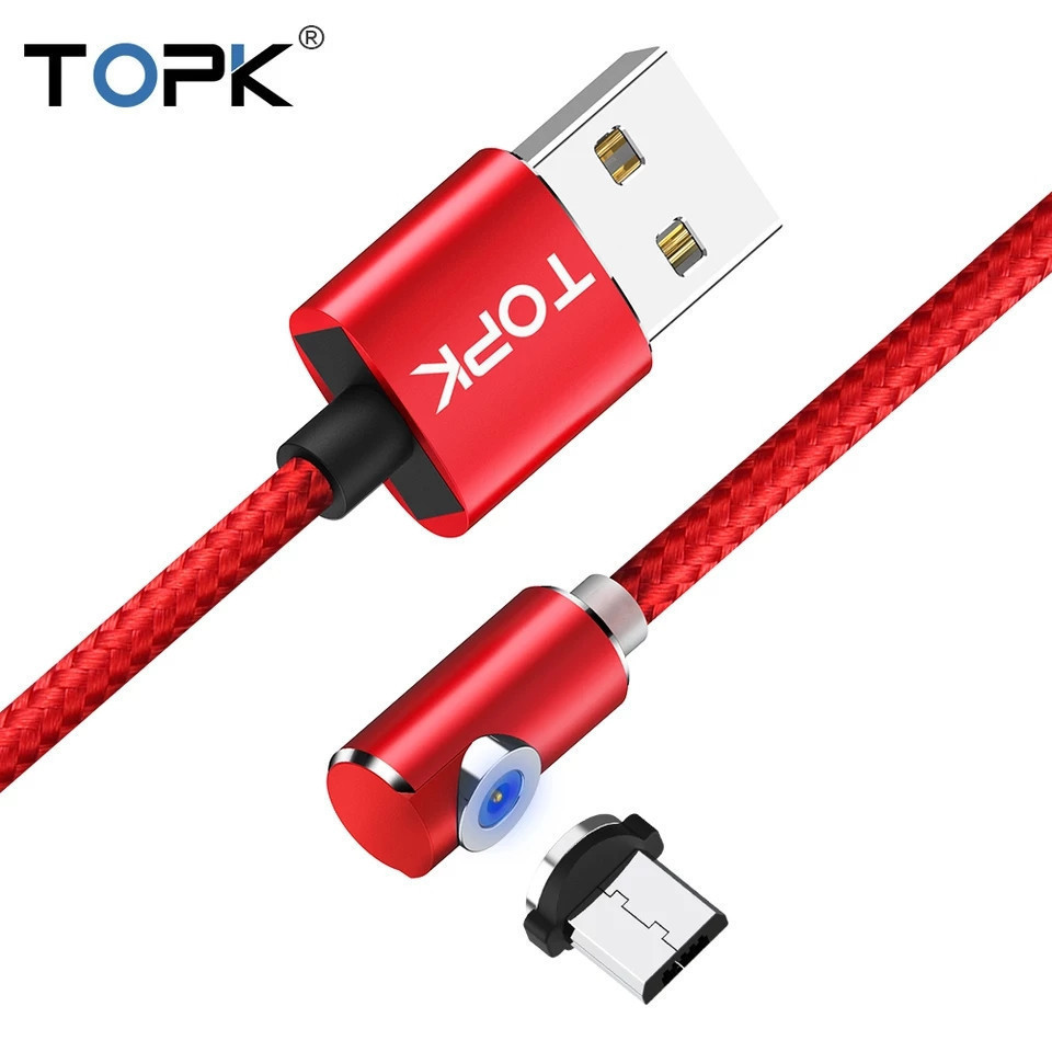 Кабель магнітний із підсвіткою TOPK Micro USB 1 метр кутовий 90° в обплетенні для заряджання. Червоний