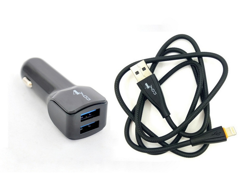 Автомобільний зарядний пристрій 4you B1 Lightning кабель, 2,1А, 2 USB, чорний