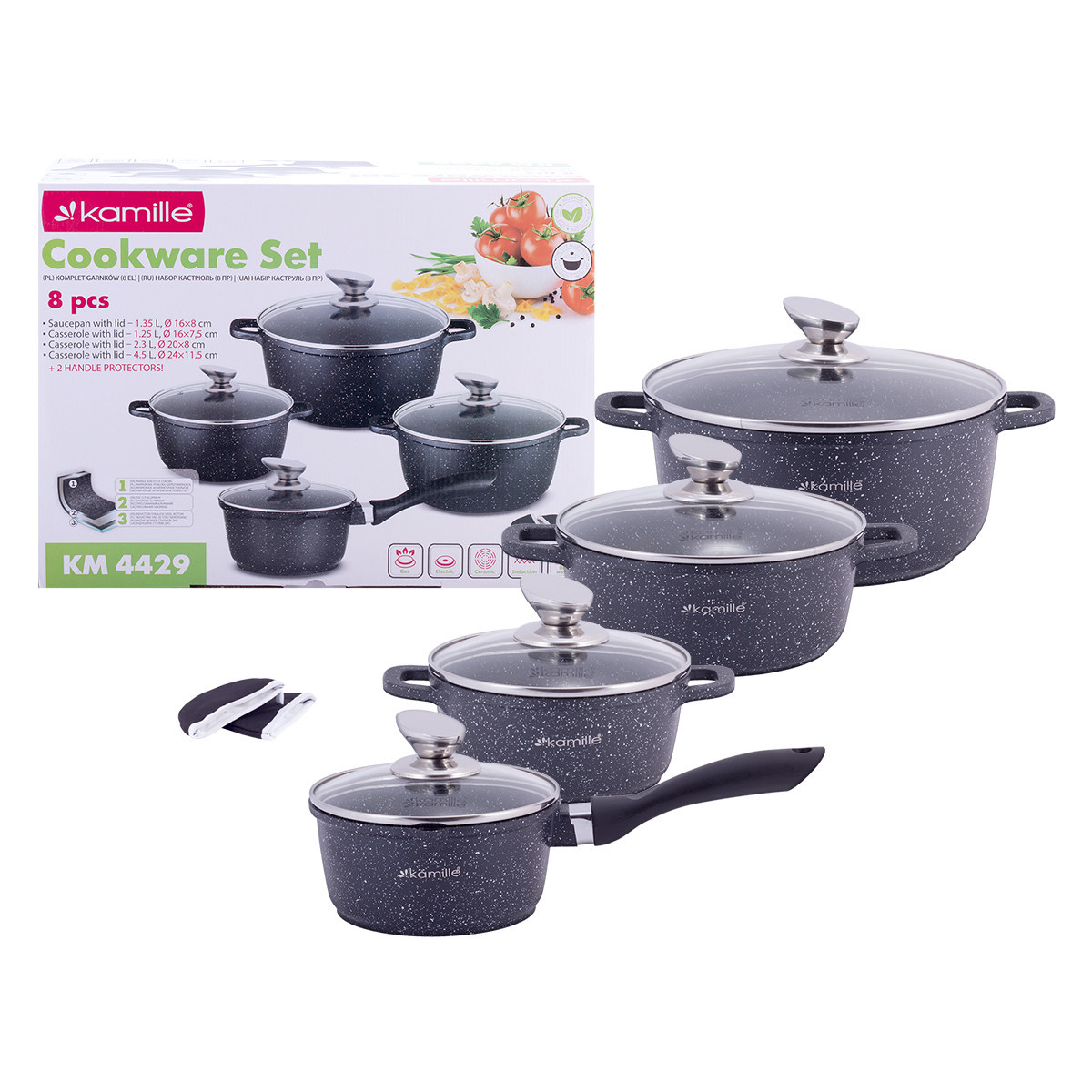 Набір посуду 9 предметів Kamille (каструлі 1.25 л, 2.3 л, 4.5 л, ківш 1.35 л) з прихватками, фото 1