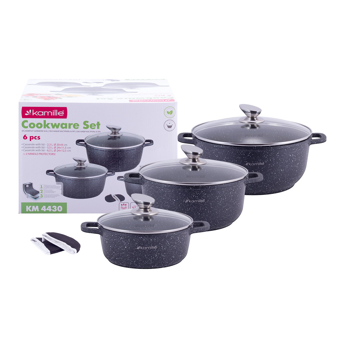 Набір каструль Kamille 7 предметів (2.3 л, 5.5 л, 6.5 л) з прихватками, фото 1