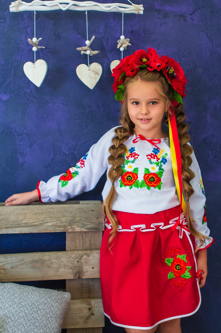 Вишитий костюм для дівчинки Маки з Ромашками блузка та спідниця, фото 1