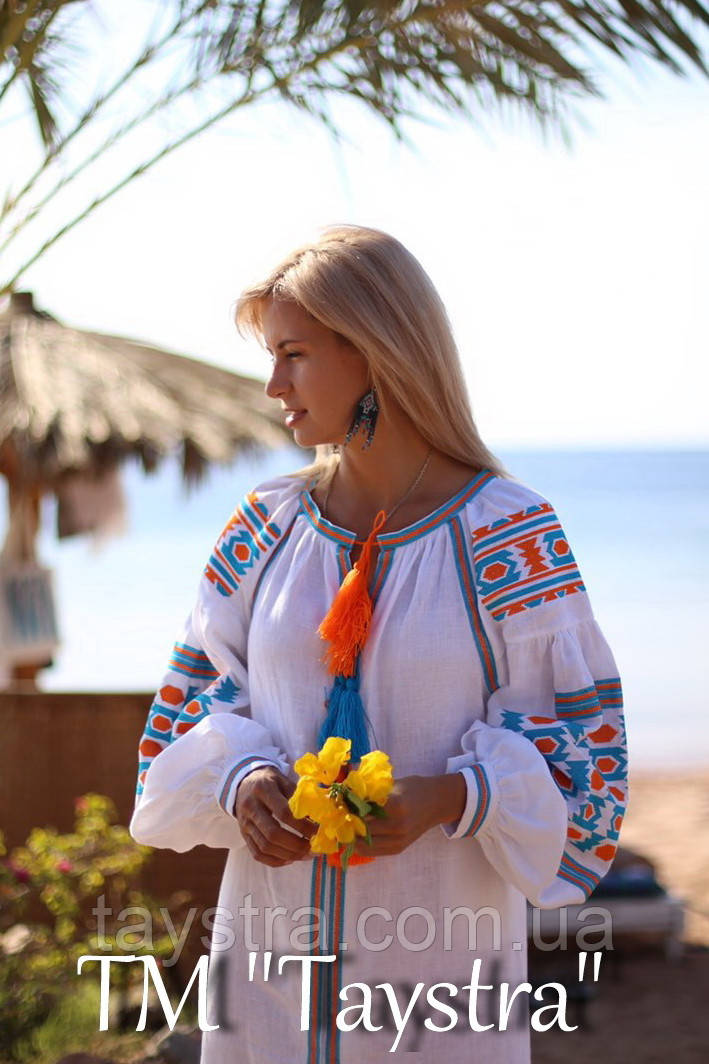 Біле плаття в підлогу, вишиванка льон, вишите плаття льон, біла сукня вишита, плаття бохо шик, фото 1