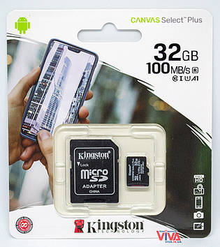 Карта пам' яті Kingston microSDHC 32Gb Canvas Select Plus 10 A1 (R-100MB/s) + Adapter