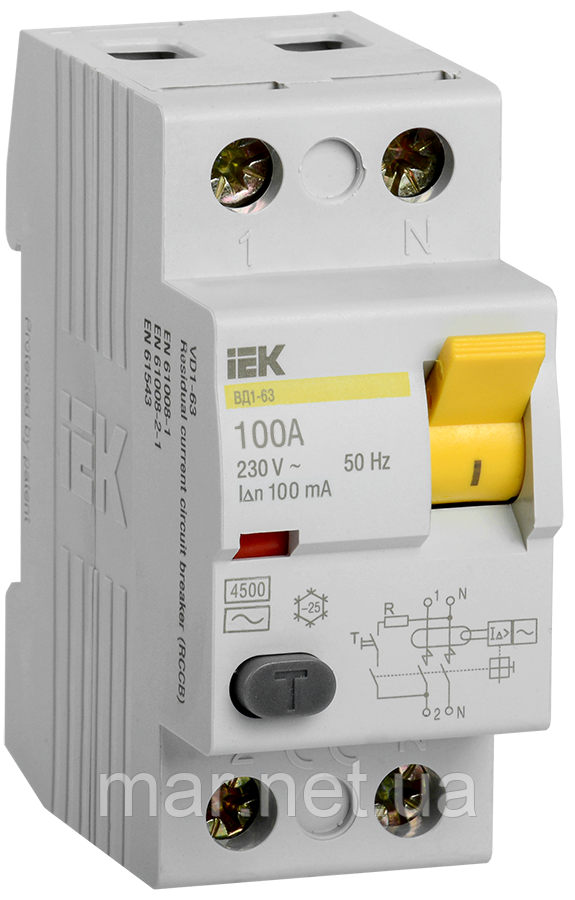 Диференціальний вимикач (ПЗВ) ВД1-63 2Р100А 100мА, фото 1