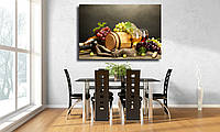 Картина для кухни на холсте "Бутылки и стаканы вина и спелый виноград"