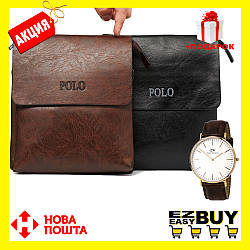 Акція! Чоловіча сумка Polo Leather+ Годинник в Подарунок! Коричневий