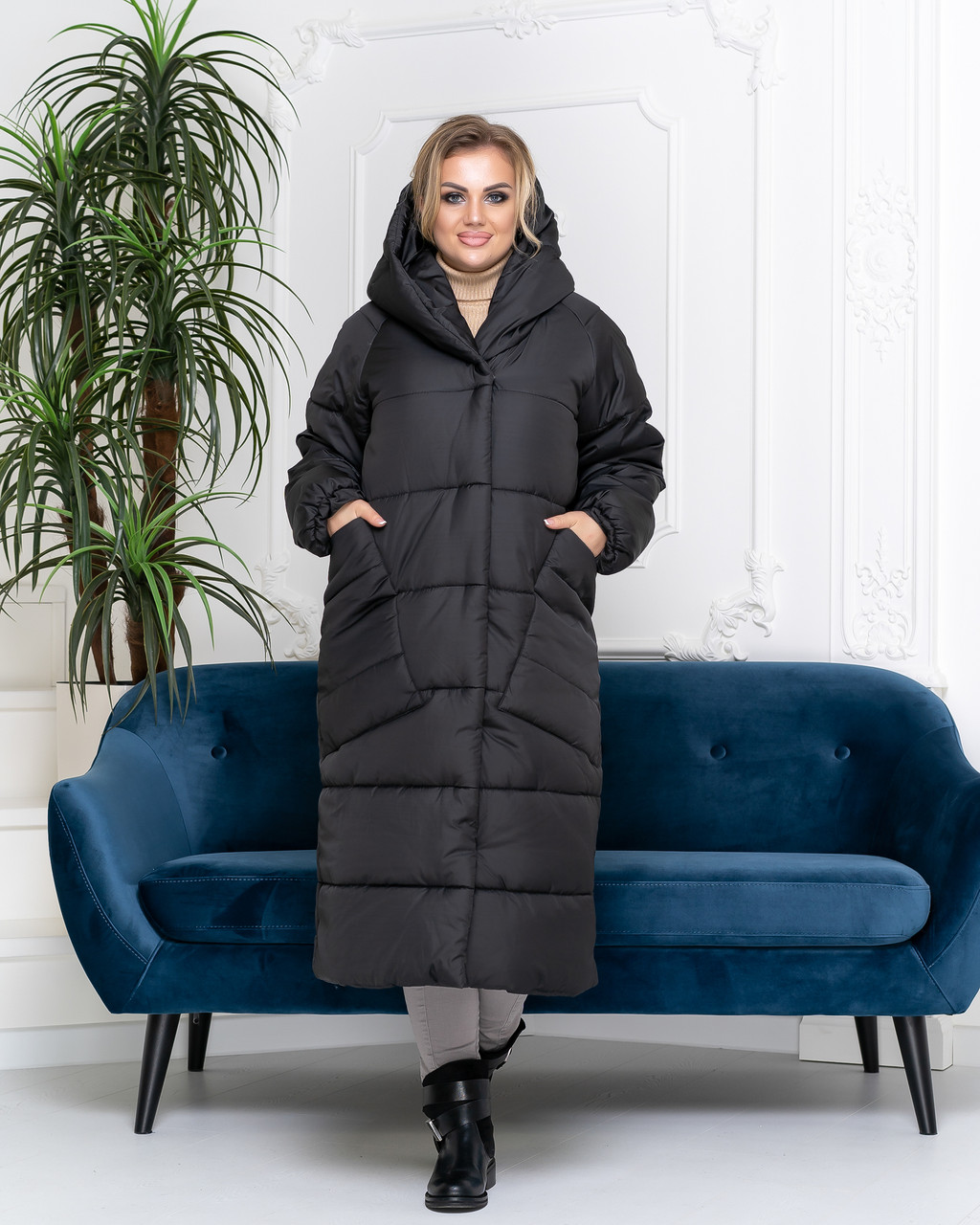 Пальто курка кокон Oversize зимове, артикул 500, колір матовий чорний, великі розміри