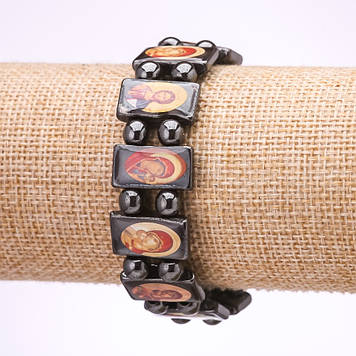 Уцінка браслет Гематит з іконами "Богородиця і Спаситель" на резинці ланка 18х10мм (з дефектом)